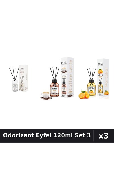Eyfel Set 3 Odorizant Cameră Betisoare 120ml - Bumbac, Cafea, Portocală
