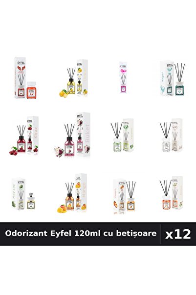 Eyfel Set 12 Odorizant Cameră cu Betișoare - 12 Arome Asortate, 120ml Parfum