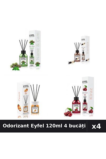 Eyfel Set 4 Odorizant Camera Betisoare 120ml - Cireșe, Piersică, Pin Mentă, V...
