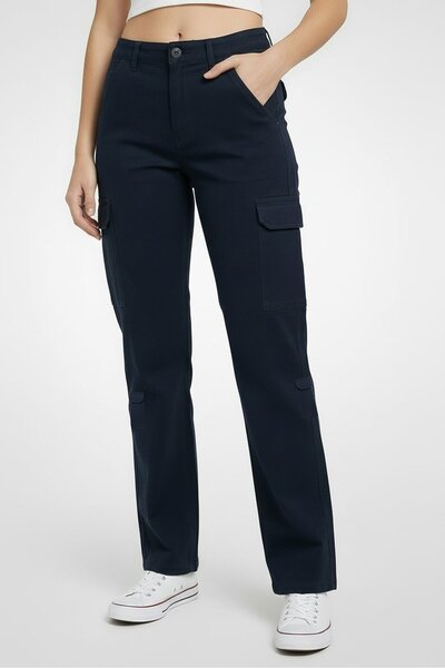 Don't Call Me Jennyfer Women Straight Fit Solid Cargo Pants, Navy Blue