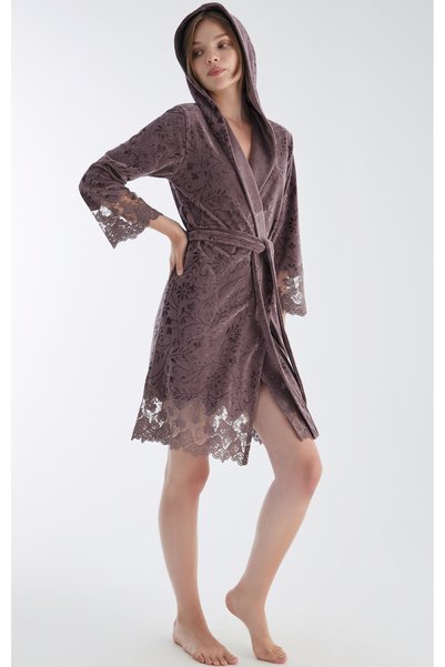 Nuşa Premium Women's Short Hooded Jacquard Lace Niki Velvet Bamboo Cotton Dressing Gown