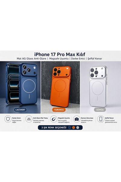 iPhone 17 Pro Max Kılıf Magsafe Uyumlu Mat AG Glass Buzlu Cam Anti-Glare Darbe Emici Şeffaf Kenarlı Premium Koruma