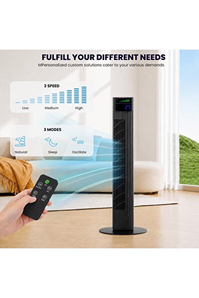 HI-FINE (cc23)Tower Fan with Remote, 90° Oscillation Bladeless Standing Fan,Floor Fan Pedestal Fans with 3 Speeds, 3 Modes, 12H Timer，Temperature LED Display (Black)