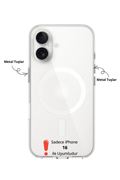 Evax [Premium PC Magsafe] iPhone 16 Uyumlu Metal Tuşlu Sert Mika [Sararmaz] P...