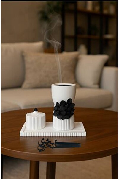 bity thok White Ceramic Incense Burner Set with Black Flower Design, Tray and...