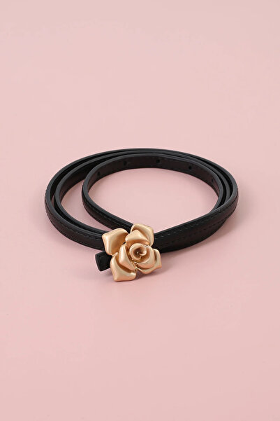OBRO Thin Women’s Belt, Gold Metal Buckle, Rose Flower Faux Leather, 105 cm A...