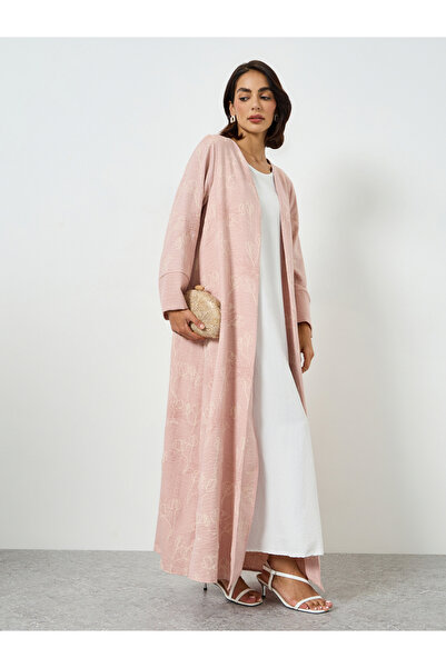 Amirah By Styli Light Pink Floral Print Front Open Abaya