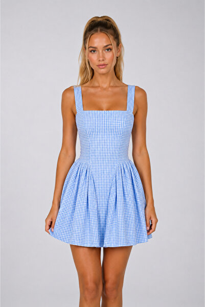 OEM Short dress, print, square neckline, zipper closure, bow at the back