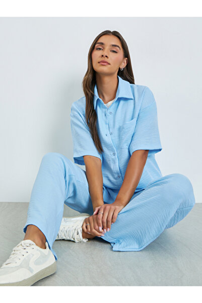 Styli Blue Front Pocket Oversize Shirt and Wide Leg Pants Co-Ords