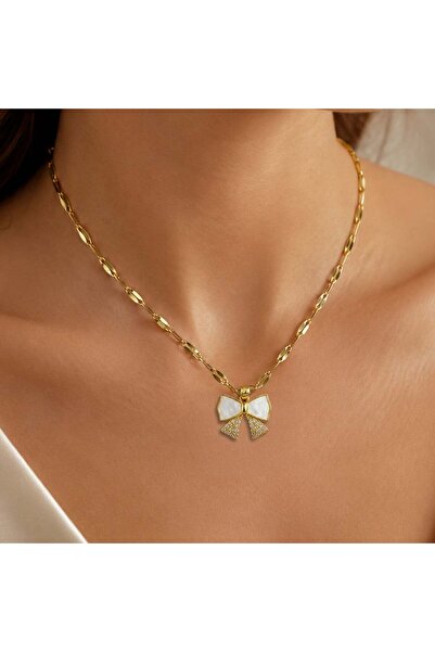 Bk Gift Women's Necklace with Bow Figure and Stone Detail - Non-Tarnishing Go...