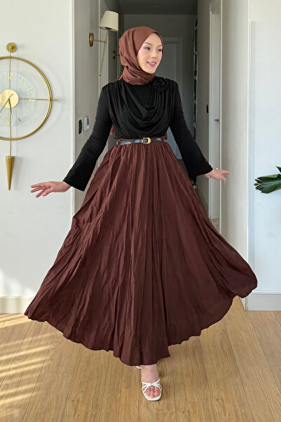 Tesettür Diyarı Kayle Kraş Lined Hijab Skirt - Brown Standard Size (36-46 Com...