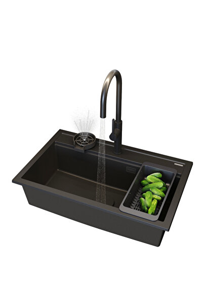 Granitan Set Chiuveta Granit ASTI Neagra 80.5x50.5 cm, cu baterie PRATI si sp...