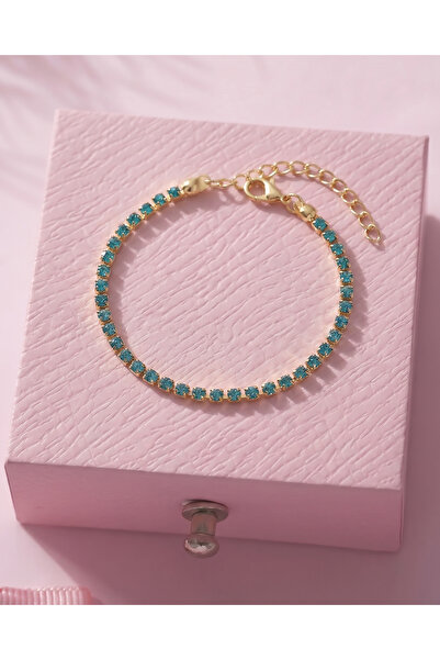 Gleemy accesories Gold Kaplama turkuaz Zirkon Taşlı İnce Su Yolu Bileklik 15+5cm