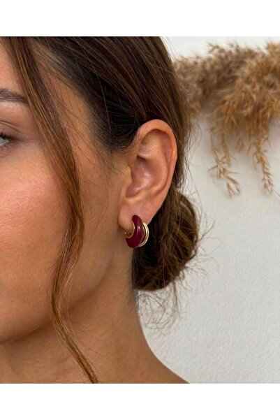 BIJUTERI Red Half Hoop Earrings with Gold Detail