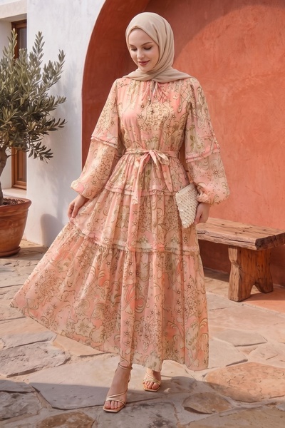 InStyle Shawl Patterned Lace-Up Salmon Dress