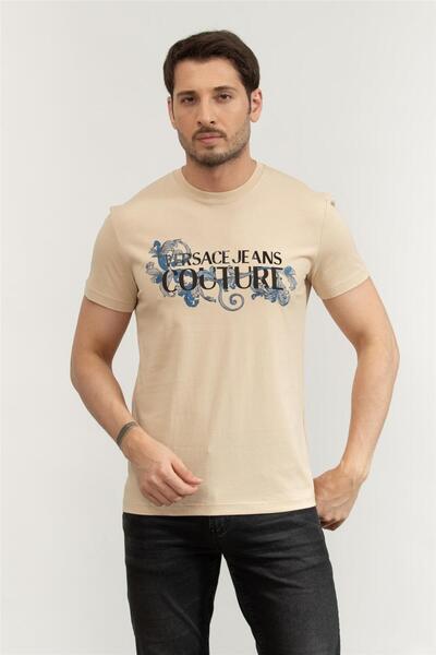 VERSACE JEANS COUTURE Bej Erkek Slim Fit Logo Baskılı T-Shirt LOGO BAROQUE