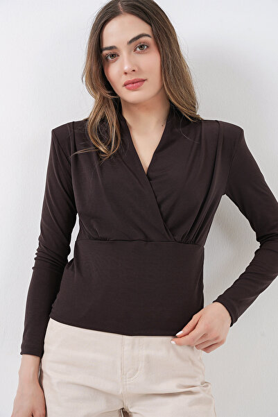 Merterium Women's Padded Double-Breasted Collar Blouse 1442 - Brown