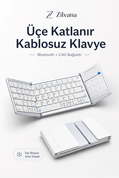 Zilvana Kumaş Dokulu Arka Kapaklı Üçe Katlanır Gümüş Gri Kablosuz Klavye Blue...