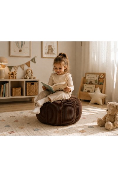 puffiber Fitilli Kadife Yuvarlak Puf | Çocuk Odası Oturma Pufu | Ayak Uzatma Pufu | Dekoratif Salon Pufu 60x55 cm