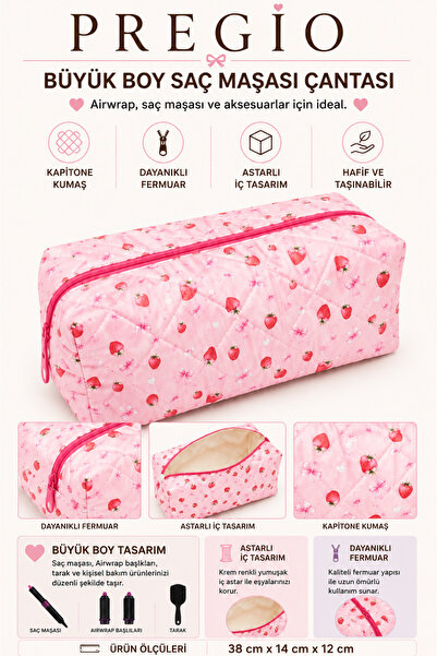 PREGIO Çilek Kalp Desenli Airwrap ve Tüm Saç Şekillendiriniz için XL Boy Çant...