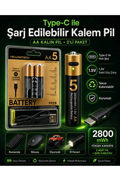 Yellowtech 4’lü AA Kalın Tip Kalem Pil Şarj Edilebilir 2800mWh 1.5V Type-C Şarjlı 2 Paket x 2 Adet