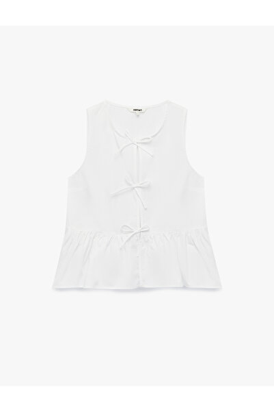Koton Cotton Sleeveless Round Neck Peplum Cut Bow Poplin Blouse