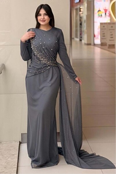 Mahal Fashion Night Drapeli Stone Embroidered Tulle Evening Dress