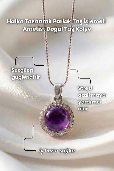 Elifsu Jewelry Halka Tasarımlı Parlak Taş İşlemeli Doğal Taş Kolyeler Ametist...