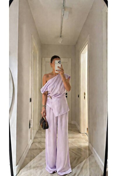 TİENDEROPA Women's One-Shoulder Cupra Two-Piece Set - Asymmetrical Cut Blouse...