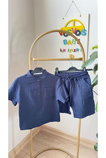 VOSVOSBABY Dark Blue Hakim Collar Children's Shorts Muslin Set