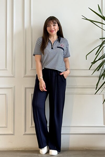 yb yağmur butik Polo Collar Zipper Detailed Striped Tracksuit Set