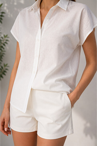 Nuevo Women's White Short Sleeve Linen Shirt -