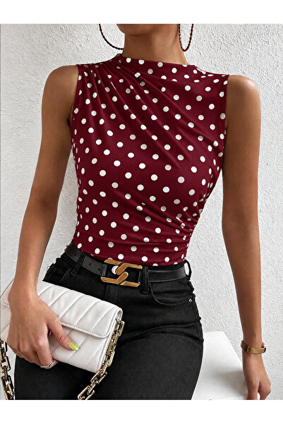 Wild Flower Polka Dot Patterned Crew Neck Draped Stretch Fabric Women's Blouse