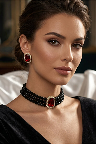 Happyline Baget Bordo Taşlı Siyah İncili Choker Kolye, Gold Kaplama Siyah Cam...
