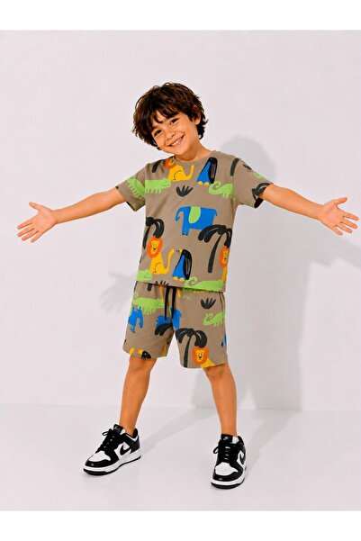 Patriko Boys' Summer Cheerful Animal Patterned Top and Bottom Set 3-10 Years