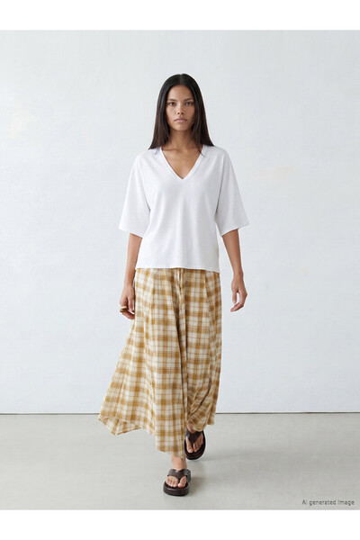 LC Waikiki Lcw Modest Brown Plaid Asymmetrical Cut Skirt with Elastic Waist