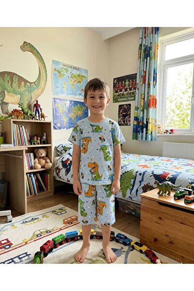 ALİŞ KİDS Dečačka pamučna plava letnja pidžama sa uzorkom dinosaurusa i kratk...