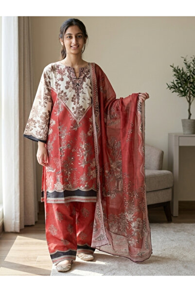 MYSMAR Red & White Floral Doria Lawn 3-Piece Suit Set - AFK8863