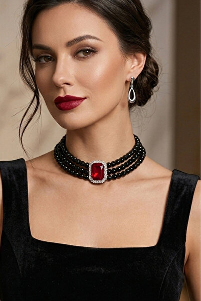 Happyline Baget Bordo Taşlı Siyah İncili Choker Kolye, Siyah Cam İncili Kolye...