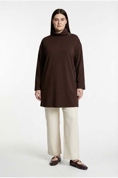 ALLDAY Brown Tunic with Zipper Detail at the Collar in Large Size
