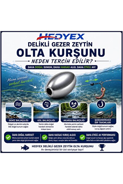 Hedyex 3 Gr 300 Adet (900 Gr) Olta Kurşunu Delikli Gezer Zeytin