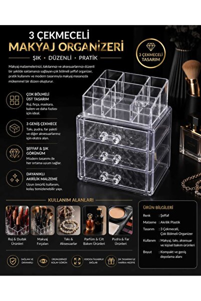 VitaMood Yaşam 3-Drawer Transparent Makeup Organizer – Multi-Compartment Cosm...
