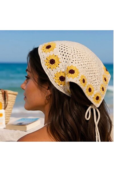 Blotch Yellow Floral Patterned Cream Knitted Hair Bandana New Image Summer Cool