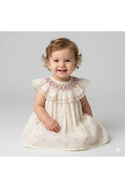 Saninbaby Çiçek Desenli Smock İşlemeli Kız Bebek Elbise