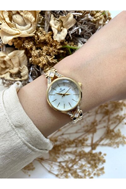 Mazzy Round Thin Cord Gold White Dial Women Wrist Watch