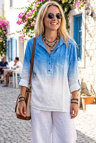 alle moda %100 Keten Düğmeli Gömlek Yaka Degrade Katlanabilen Kollu Salaş Ket...