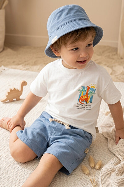 Babydonat تي شيرت أبيض مطبوع عليه ديبلودوكوس للأولاد، شورت أزرق بمظهر الكتان ...
