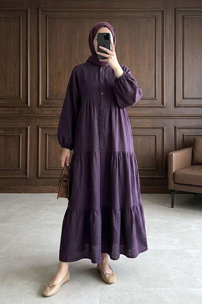 MODAQU Long Relaxed Muslin Dress with Elastic Sleeves and Segments - Purple