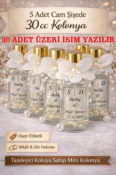 eSLeTc Cam Şişe 5 Adet Islak Ortanca Çiçek İncili Kolonya Söz,Nişan,Düğün,Kın...