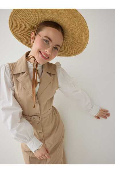 Benin Belt Detailed Buttoned Sleeveless Hijab Dress - Beige -